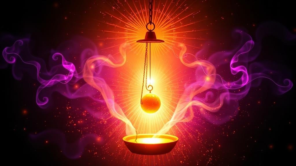 Pêndulo radiestésico em movimento com energia dourada e roxa